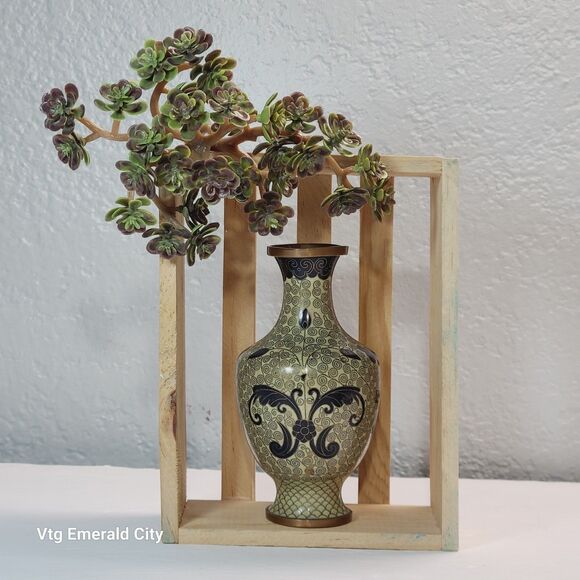 VTG Japanese Vase Enamel on Copper Cream, Black & Gold Cloisonne Swirling 1930 - Picture 9 of 11